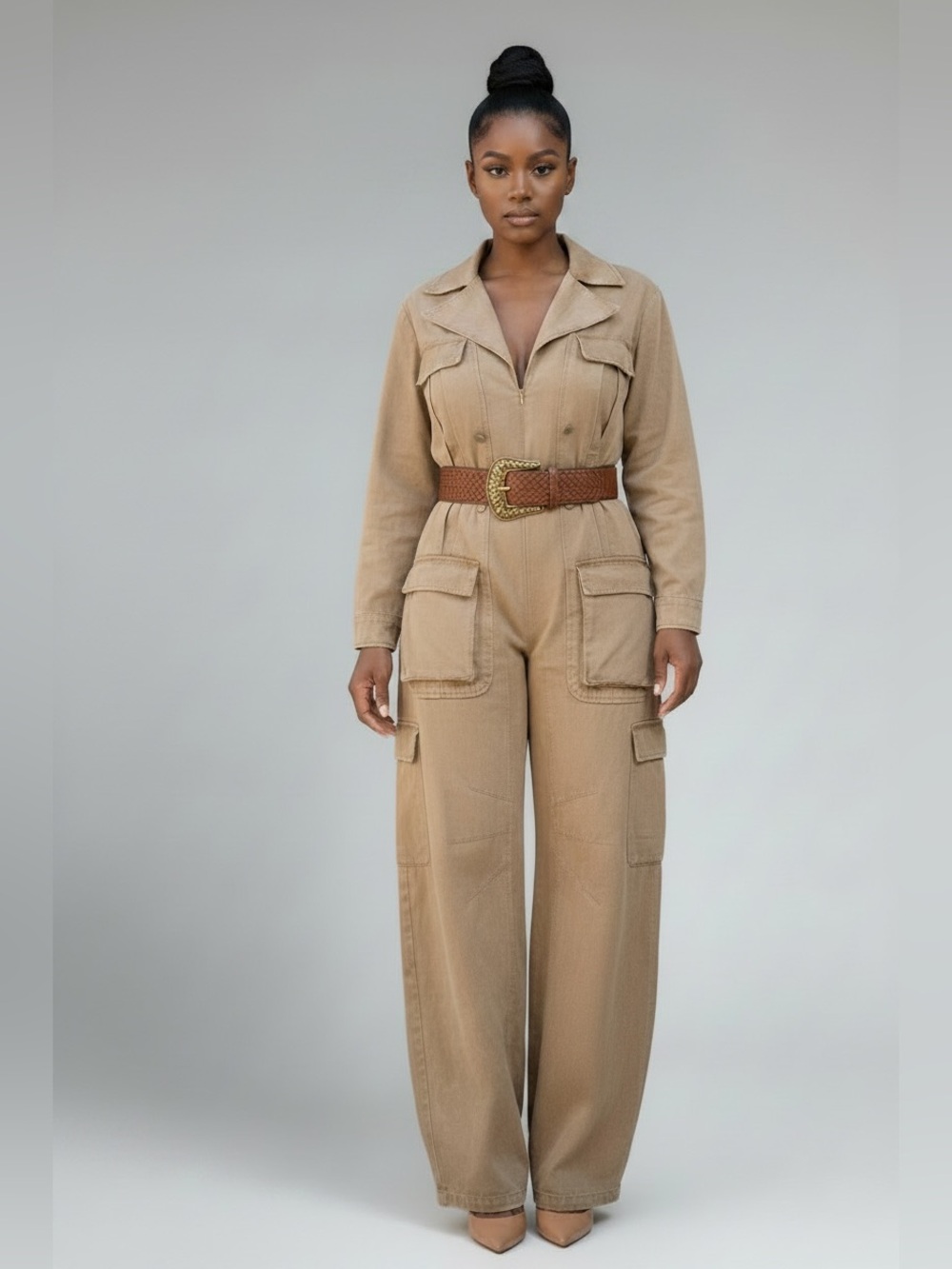 Utility Wide-Leg Jumpsuit in Tan
